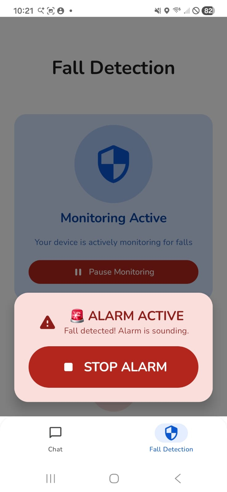 Fall alarm active with stop alarm control